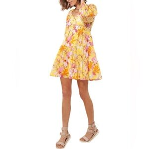 Hale Bob Los Angeles Floral Cotton Dress Yellow Pink Orange Tiered Size XS NEW